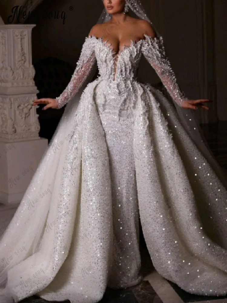 Glitter Off Shoulder Long Sleeve Mermaid Wedding Gowns With Detachable Train Dubai Pearls Bridal Dress Plus Size Custom Made