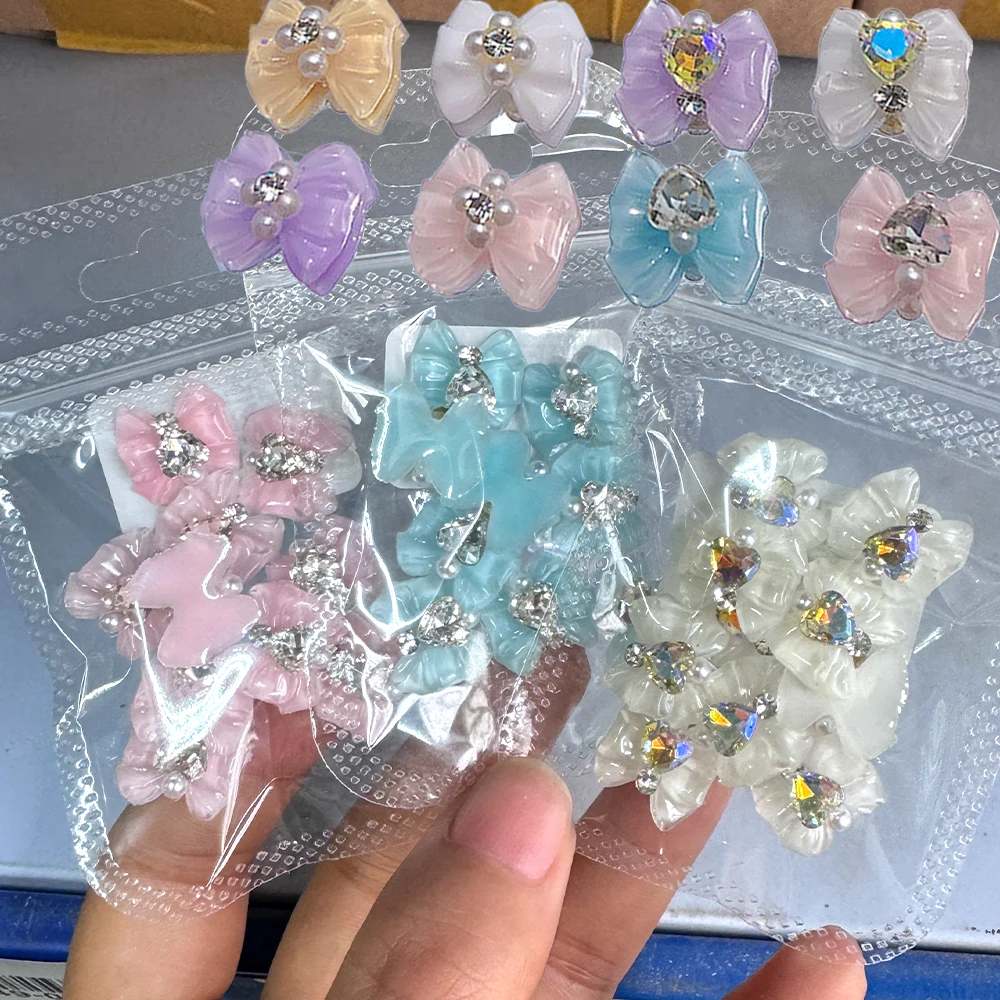10 Uds. De dijes para decoración de uñas con lazo transparente de hielo 3D, cinta de 14x13mm, pajarita, corazón, diamantes de imitación, piezas para uñas, bonito lazo de resina, accesorios para uñas