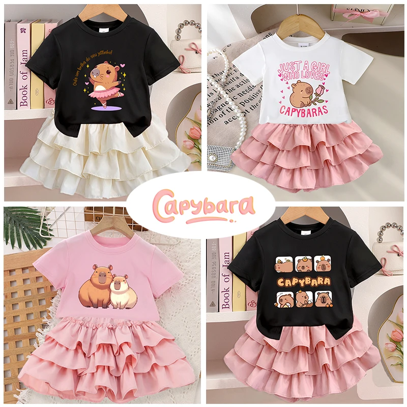 

Kawaii Capybara T-shirt+pleated Skirt Girl Sweet Fashion Short Sleeve Frock Summer Trendy Anime Figures Printed Dress Clothing