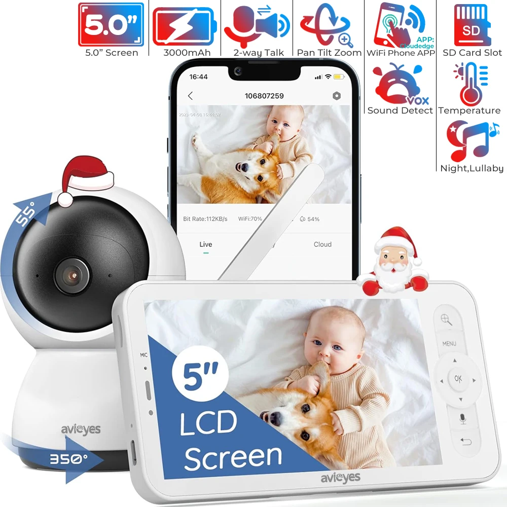 

5" WiFi Baby Monitor with Phone App HD 1080P PTZ Baby Phone Two-way Intercom Night Vision Baby Camera Cry Detect Nanny Cameras