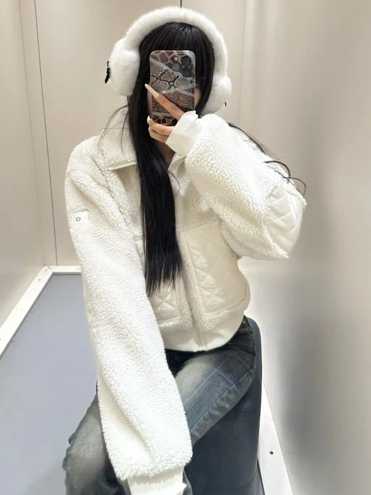

Autumn New Thickened Warm Jacket Women Lamb Wool Spliced Short Jacket 2025 Casual Stand Up Collar Zipper Winter Jacket Women