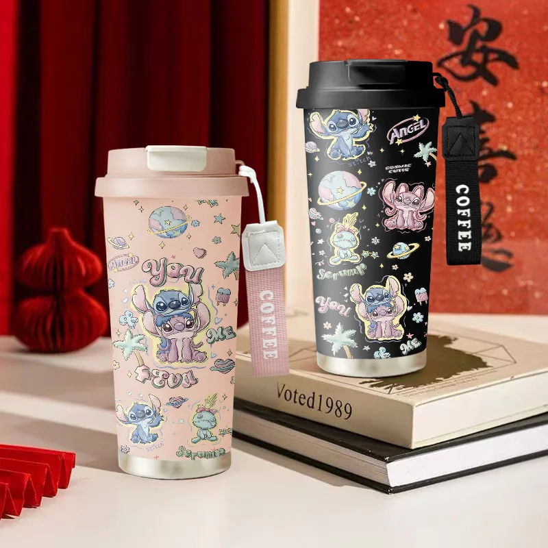 Disney Stitch Periferal Anime Pasangan Kartun Mug Termos Kreatif Kawaii Lucu Cangkir Jerami Portabel Cangkir Kopi Baja Tahan Karat