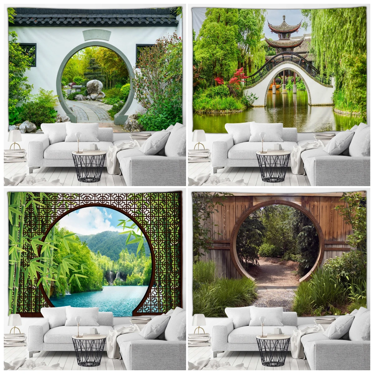 

Chinese Garden Landscape Tapestry Arch Moon Gate Nature Lake Green Bamboo Plants Wall Hanging Home Living Room Decor Tapestries