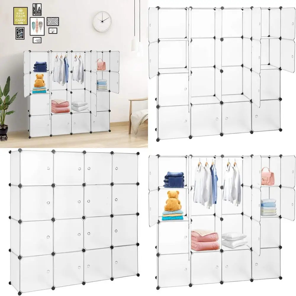 

DIY Modular Plastic Storage Wardrobe Closet with Doors and Hanging Rods, Portable Cube Organizer Cabinet Unit for Space-Saving S
