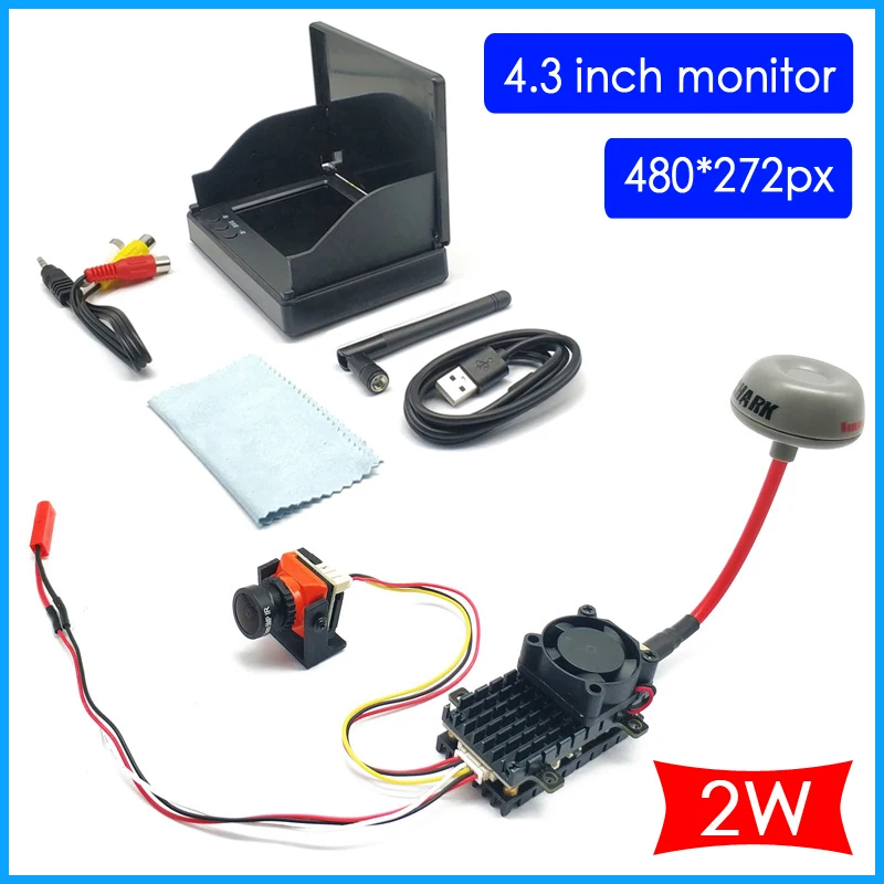 5.8G 48CH 4.3 Inch FPV Monitor 480x272 Build-in Battery with CMOS 1500TVL B19 Mini FPV Camera and 5.8Ghz 2000mW FPV Transmitter