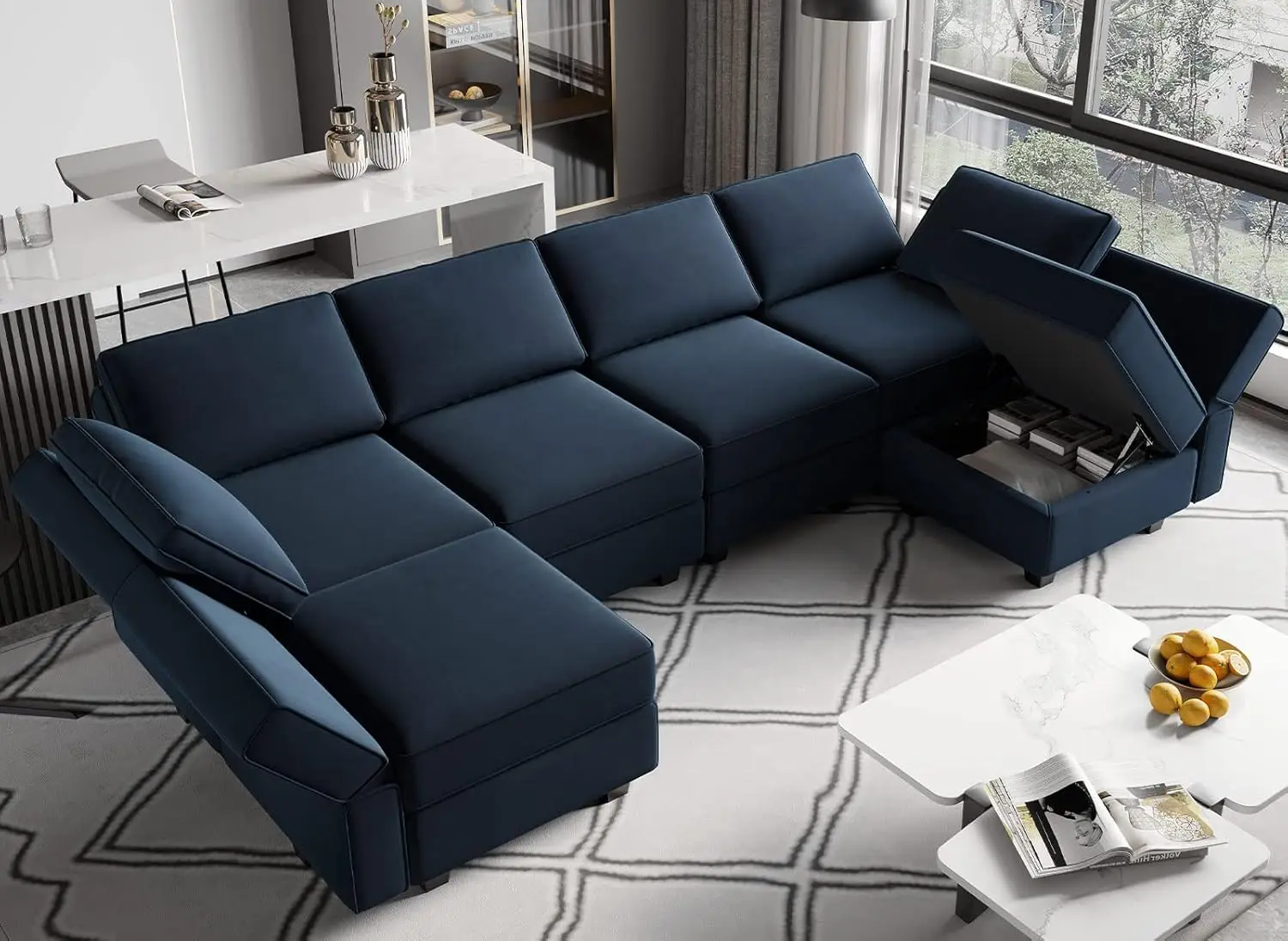 Modular Reversible Sectional Sofa U Shaped Couch with Storage Seat with Chaise Velvet Blue Pet Friendly and Easy to clean