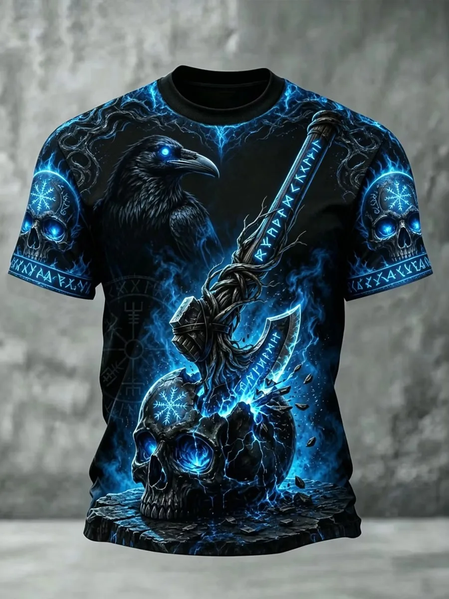 Viking Raven Skull & Battle Axe T-Shirt – Norse Mythology Rune Print – Dark Gothic Streetwear Top for Men & Women