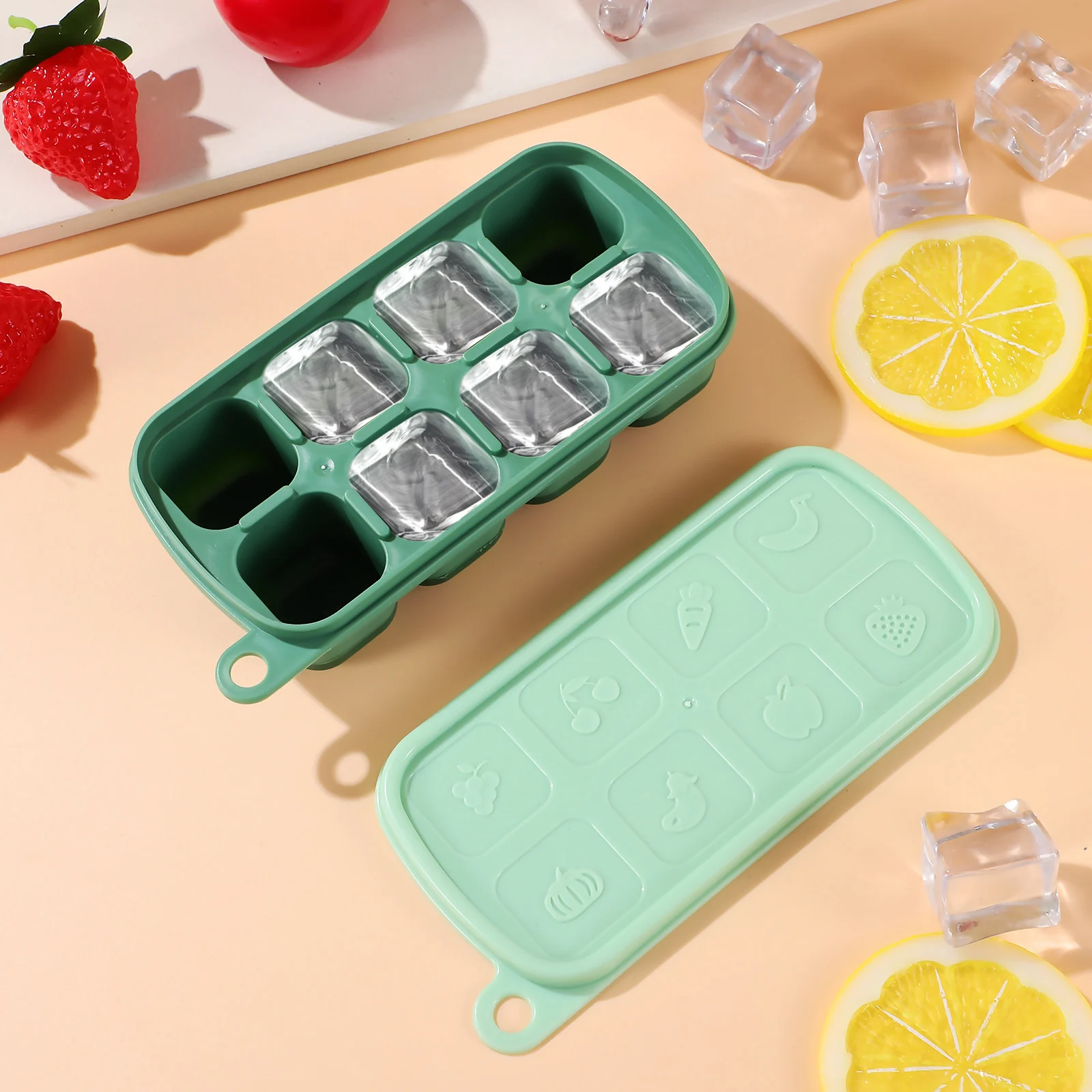 

8 Compartments Silicone Ice Tray Cube Trays for Freezer Green Lid Covered Container Healthy Easy Clean Storage