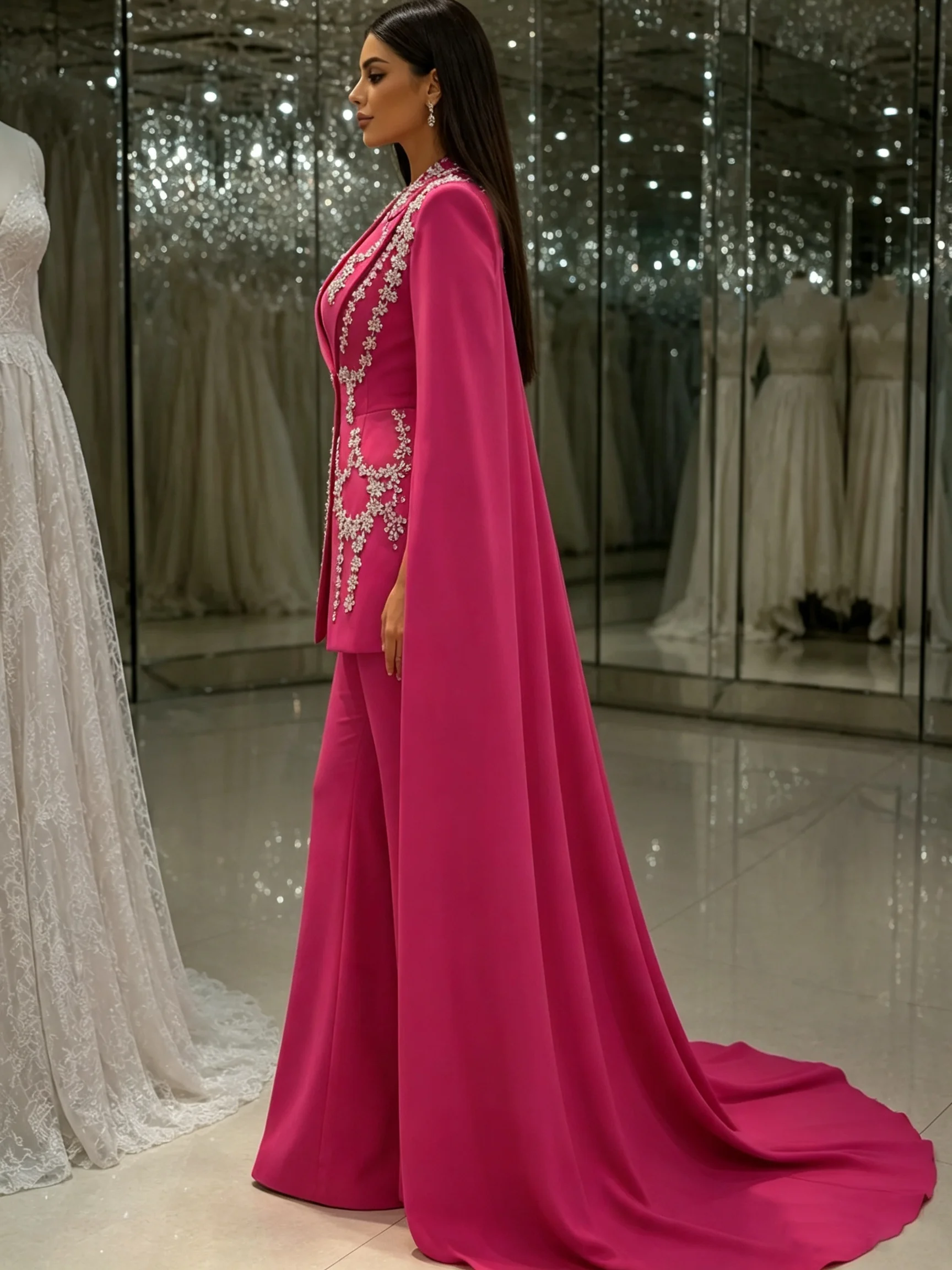 Elegant Women's Evening Dresses Beads Suit Gown Super Long Sleeves Jacket Pants For Female Satin 2 Pieces Suit Customized