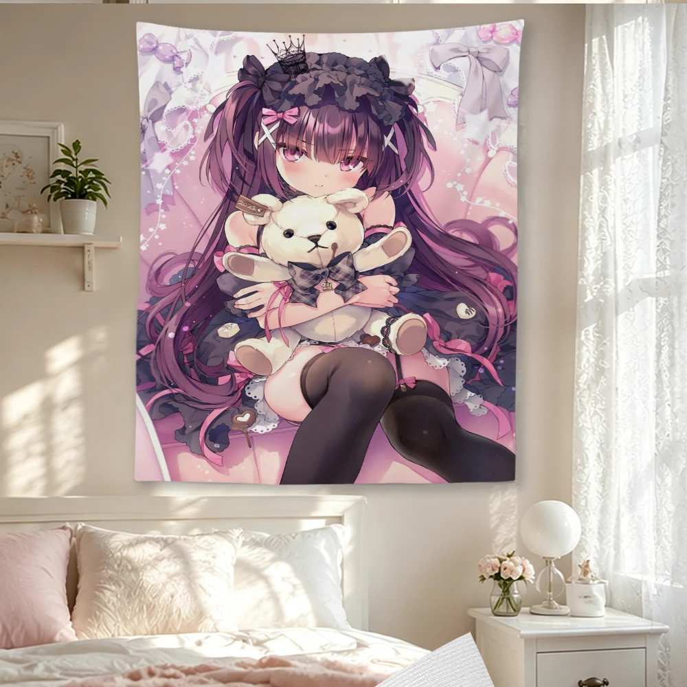 Sweet Gothic Lolita Anime Girl Long Purple Twin Tails Small Crown Holding Plush Teddy Bear Pink Bow Candy Background Tapestry Te