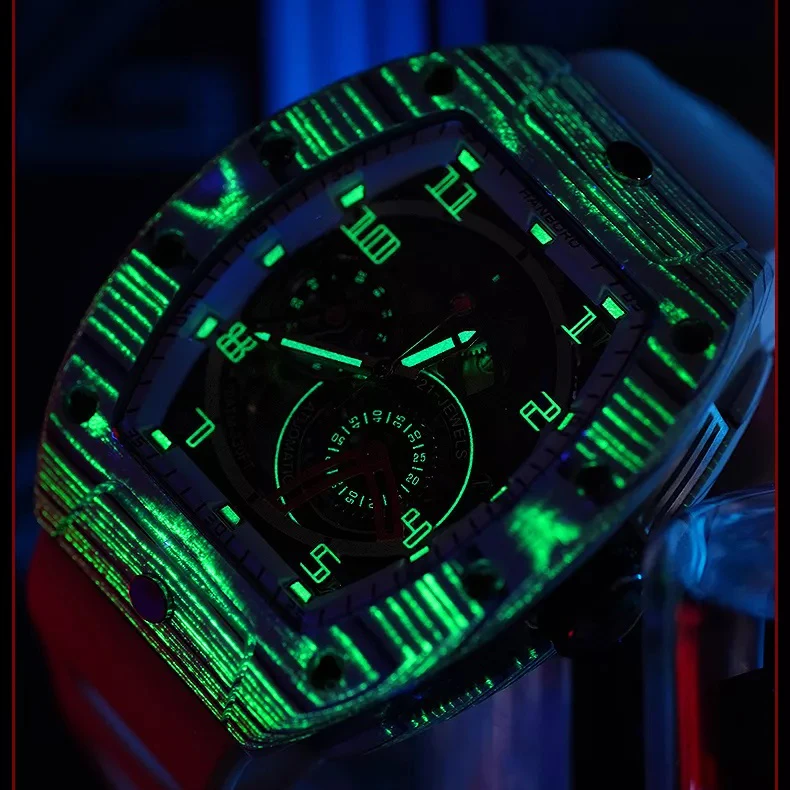 ساعة يد أوتوماتيكية للرجال من HANBORO حافظة تونيو ساعة يد ميكانيكية من ألياف الكربون 5ATM قرص هيكل عظمي مضيء 24 ساعة 21 جواهر Mov.