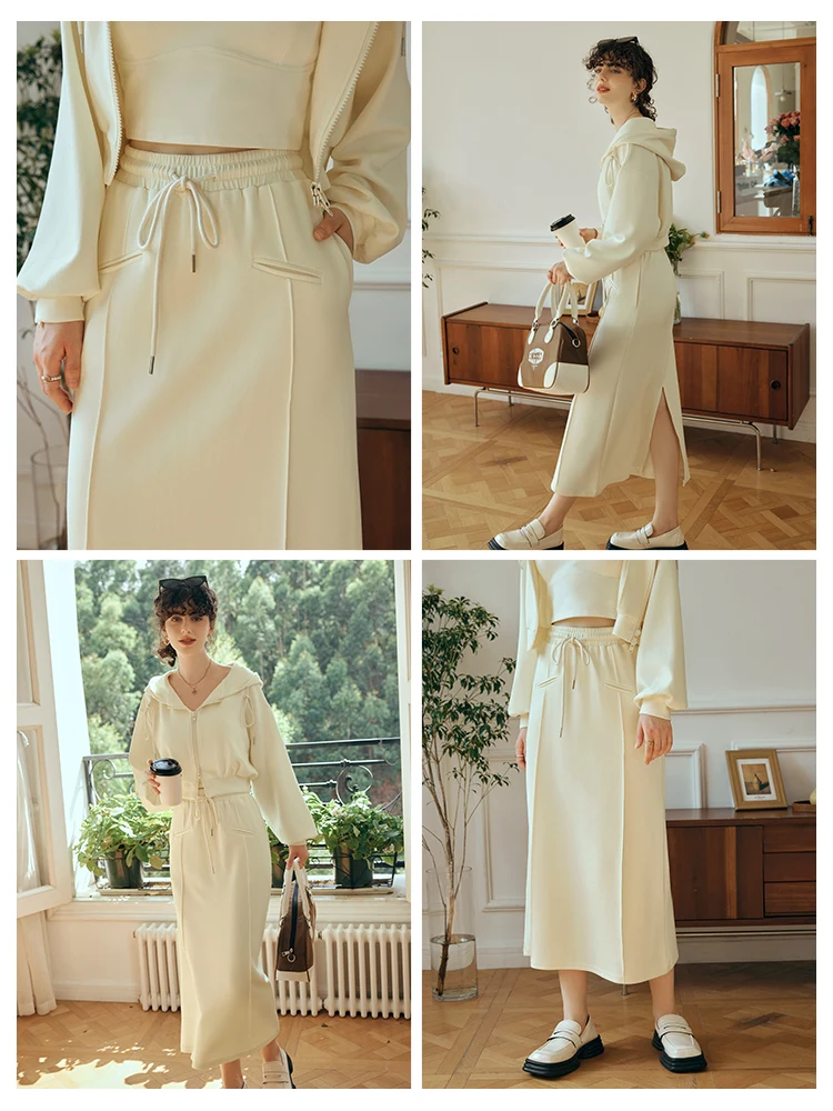 

OLrain Women's Cotton Knitted Skirt 2025 Early Autumn High Waist Sports Style Midi Split Skirt Elegant Woman Clothes O23QB85585