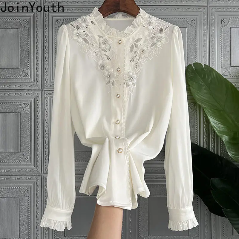 Elegant Women Tops Stand Neck Long Sleeve Ruffles Blouses Fashion White Shirts Hollow Out Vintage Shirts Femme Blusas Clothes