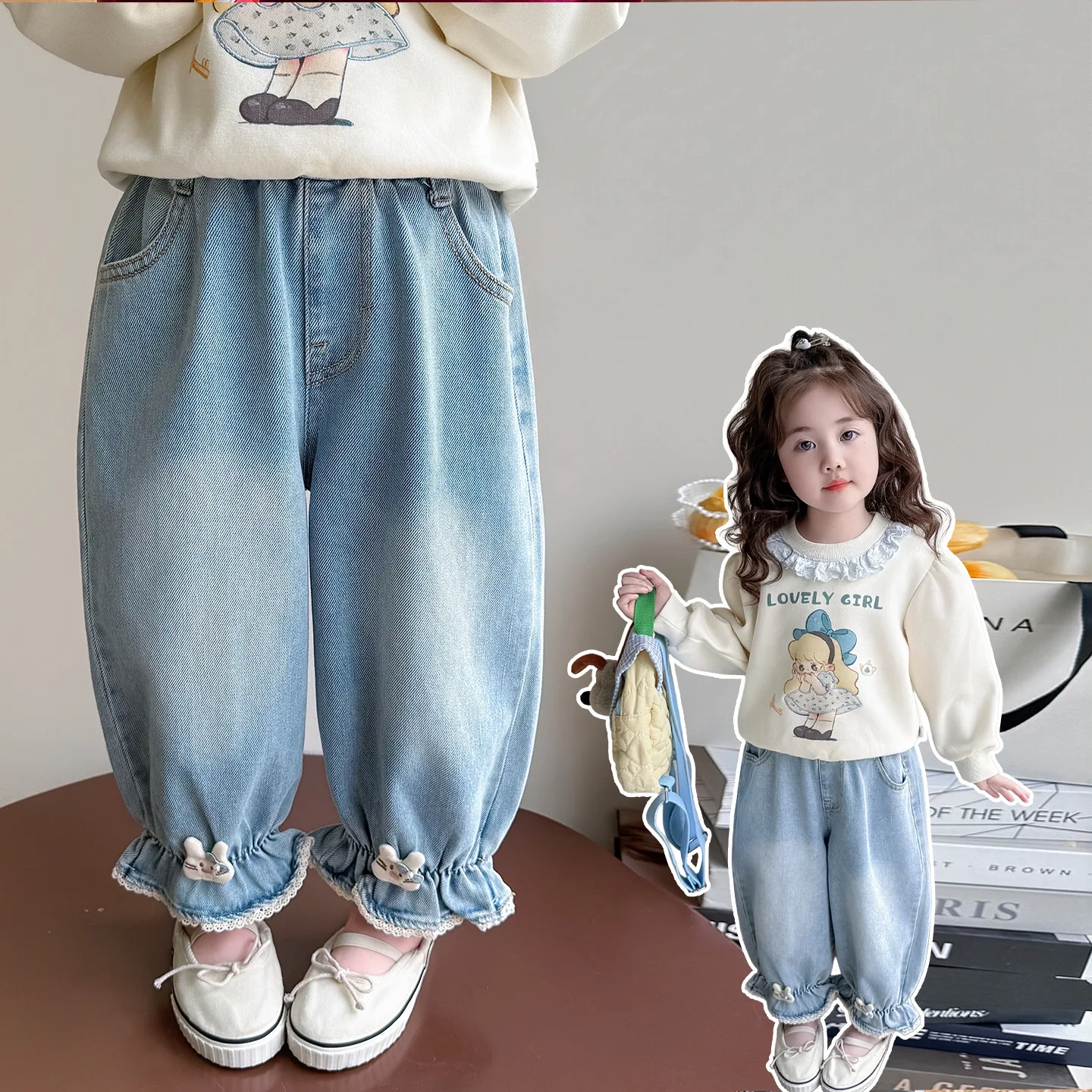 Girls Spring and Autumn Jeans 2026 New Loose Casual Wide Leg Pants Feet
