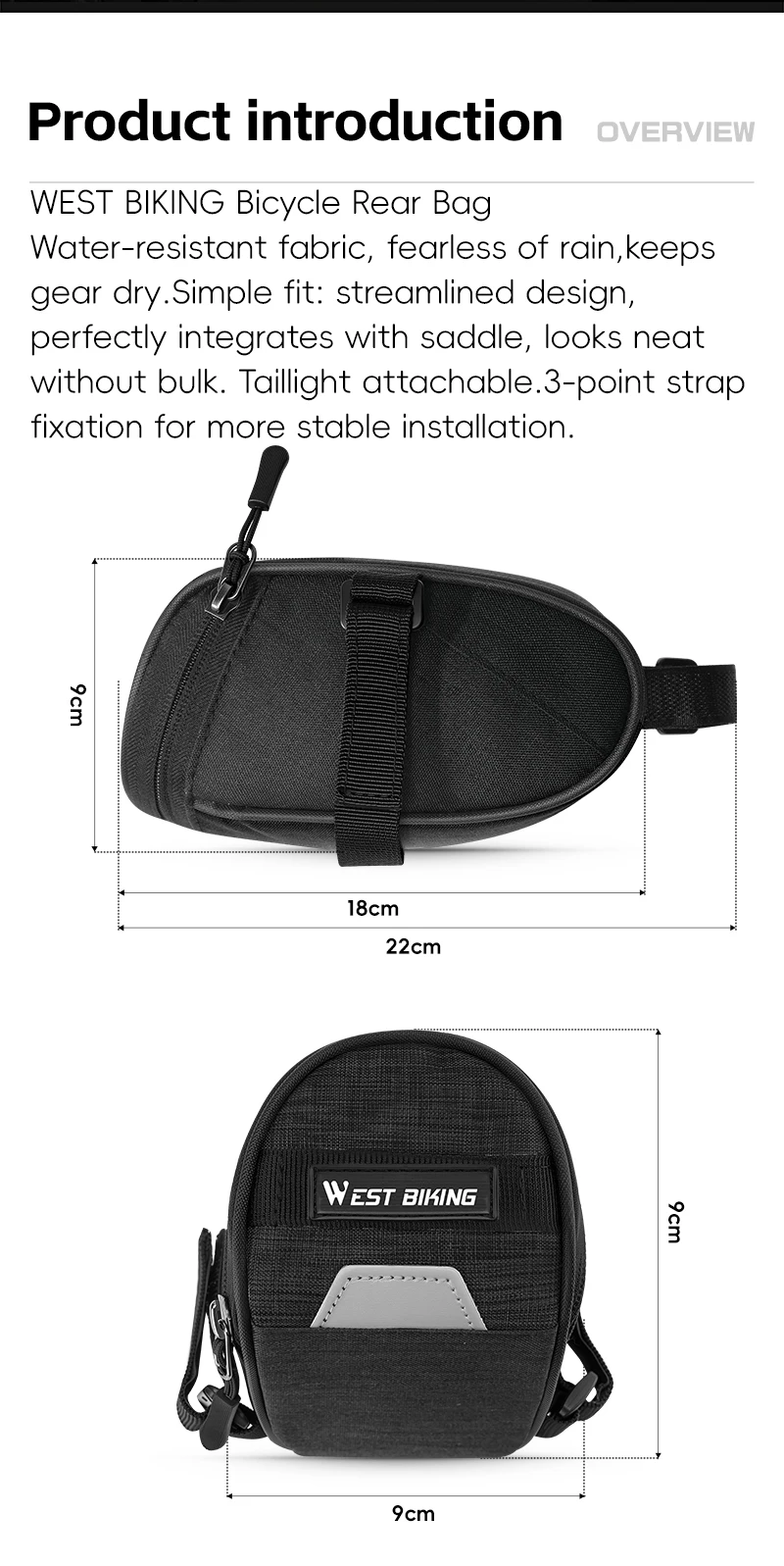 WEST BIKING Fahrradsatteltasche Wasserabweisende Rücksitztasche MTB Rennrad Fahrrad-Aufbewahrungszubehör Rücklicht-Riemen – Detail 2