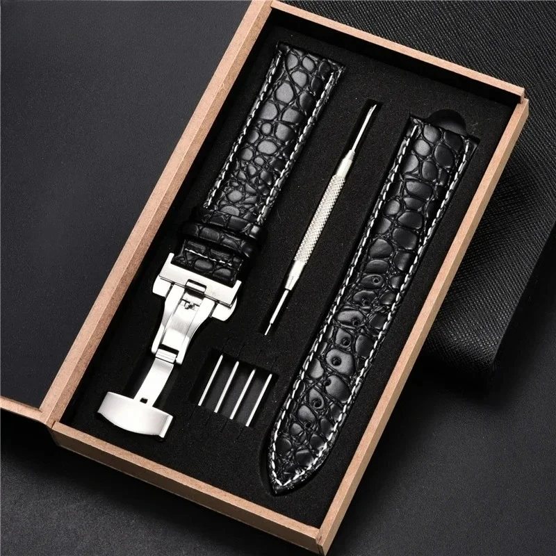 

Embossed Leather Watch Strap with Box Watch Band Butterfly Clasp Bracelet 18mm 20mm 22mm 24mm Wrist Band Watch Accessories
