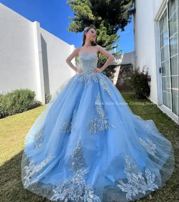 Sky Blue Princess Quinceanera Dress For Women Sparkling Sweetheart Bustier Beaded Boning Corset Lace Trim xv year old dress