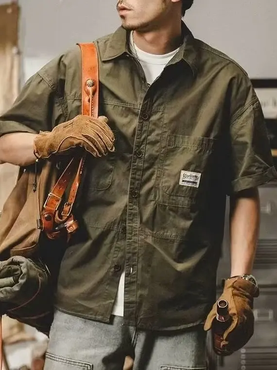 

Summer Retro Japanese Style Men's Workwear Shirt Loose Fit Large Size Pure Cotton Casual Shirt Handsome And Cool Style