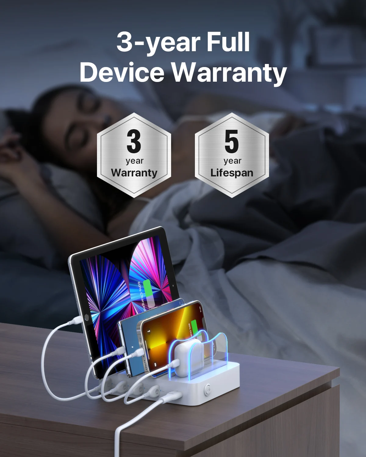 SooPii Charging Station for Multiple Devices 4-Port Charger Station with 4 Mixed Cables for Phones Tablets and Other Electronics