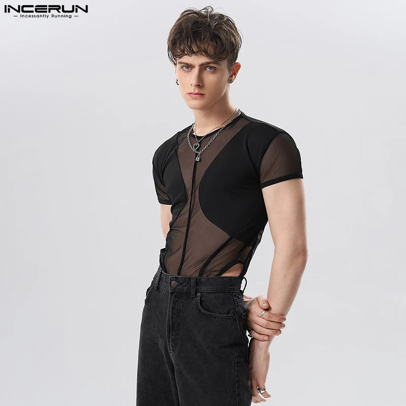 2024 męskie body siateczkowy patchwork przezroczysty Backless O-neck pajacyki z krótkim rękawem T Shirt Streetwear seksowne męskie body INCERUN