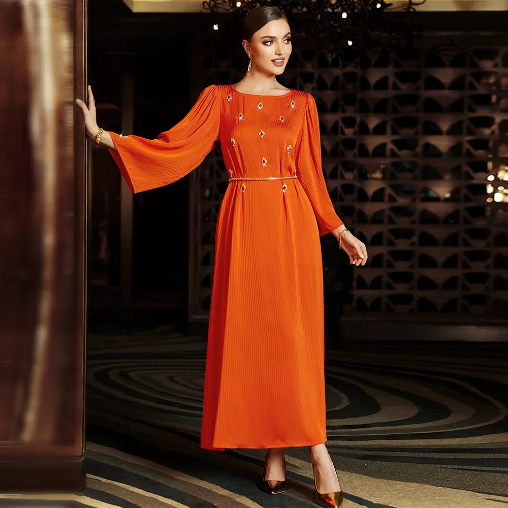 Robe en tricot diamant cousue à la main, robe de soirée de dubaï pour femmes, manches longues, caftan solide, Abayas musulmanes, robe de soirée marocaine