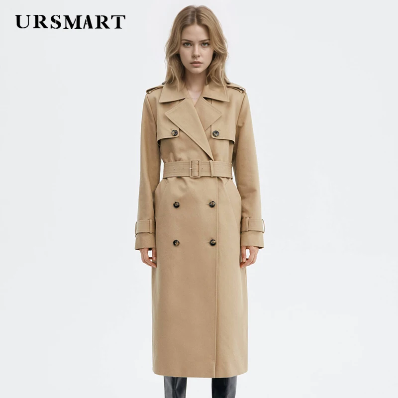 

Classic double breasted knee length women's trench coat in khaki color timeless elegance custom cotton rainproof Windbreaker