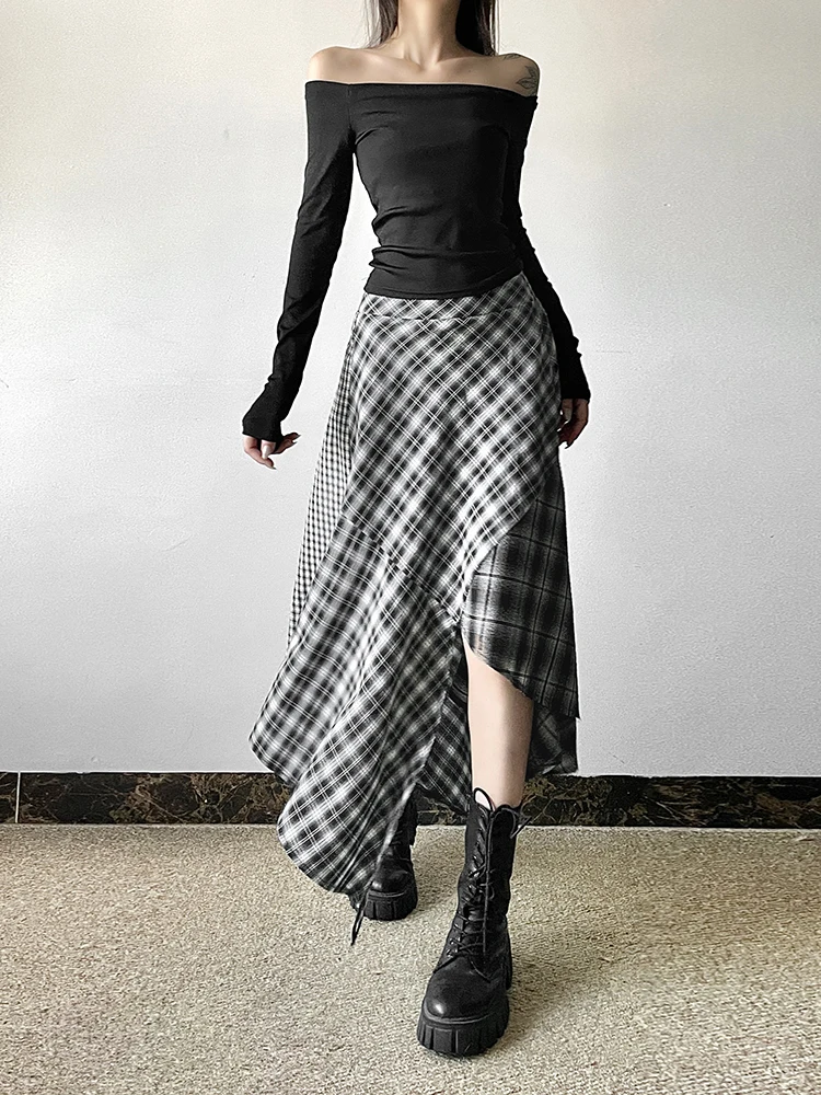 

Casual Black White Plaid A-Line Asymmetrical Skirt Chic Slim High-Waisted Women 2024 Autumn Spring Fashion Streetwear Ladies