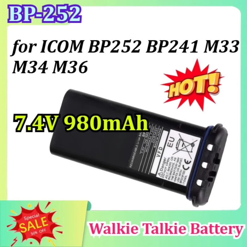 

New BP-252 7.4V 980mAh Li-ion Replacement Battery for ICOM BP252 BP241 M33 M34 M36 Walkie Talkie