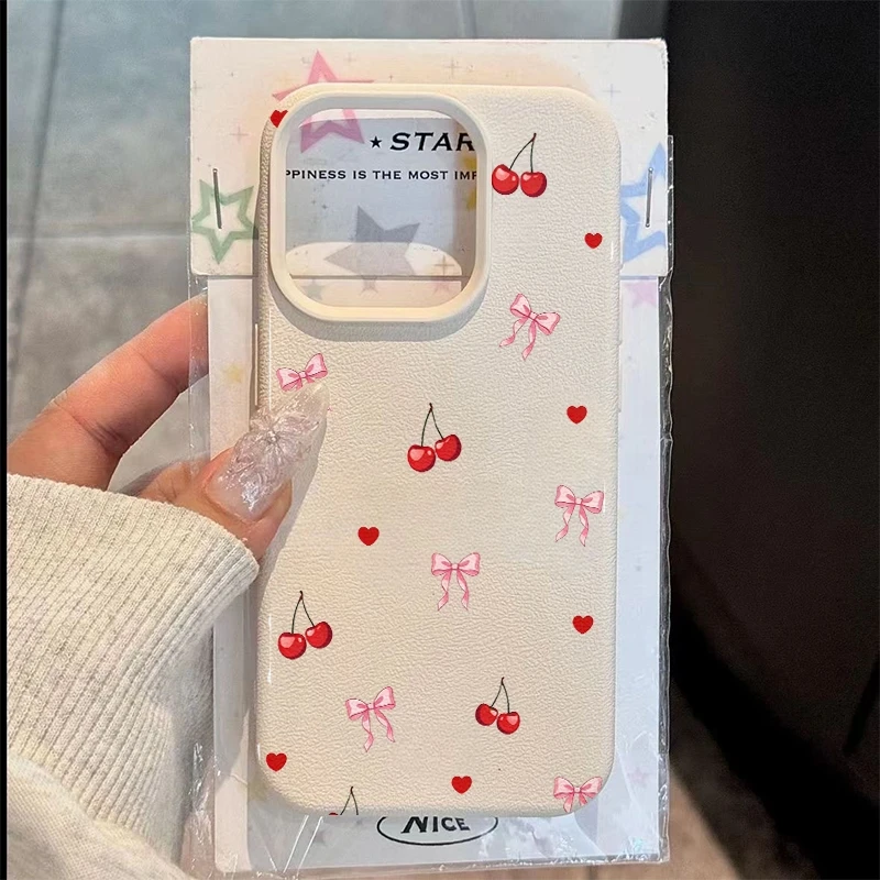 

Phone Case Cherry Bow Love Pattern Lychee Texture For iPhone 17 Air 11 13 14 12 15 16 Pro Max XS XR 7 8 Plus 16E Silicone Cover