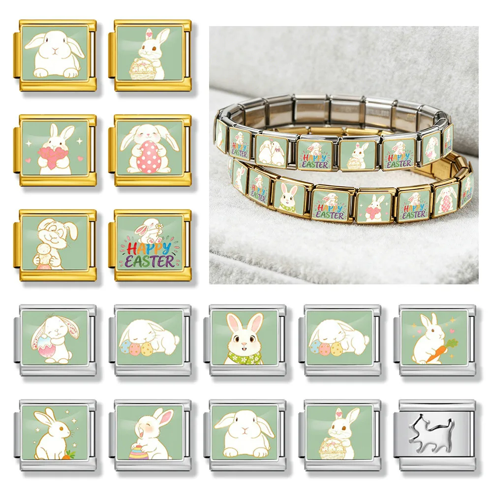 GEMOSA Cute Easter Rabbit Italian Link fit 9mm Stainless Steel Making Bracelet DIY Original Design Charm Easter Gifts Jewelry