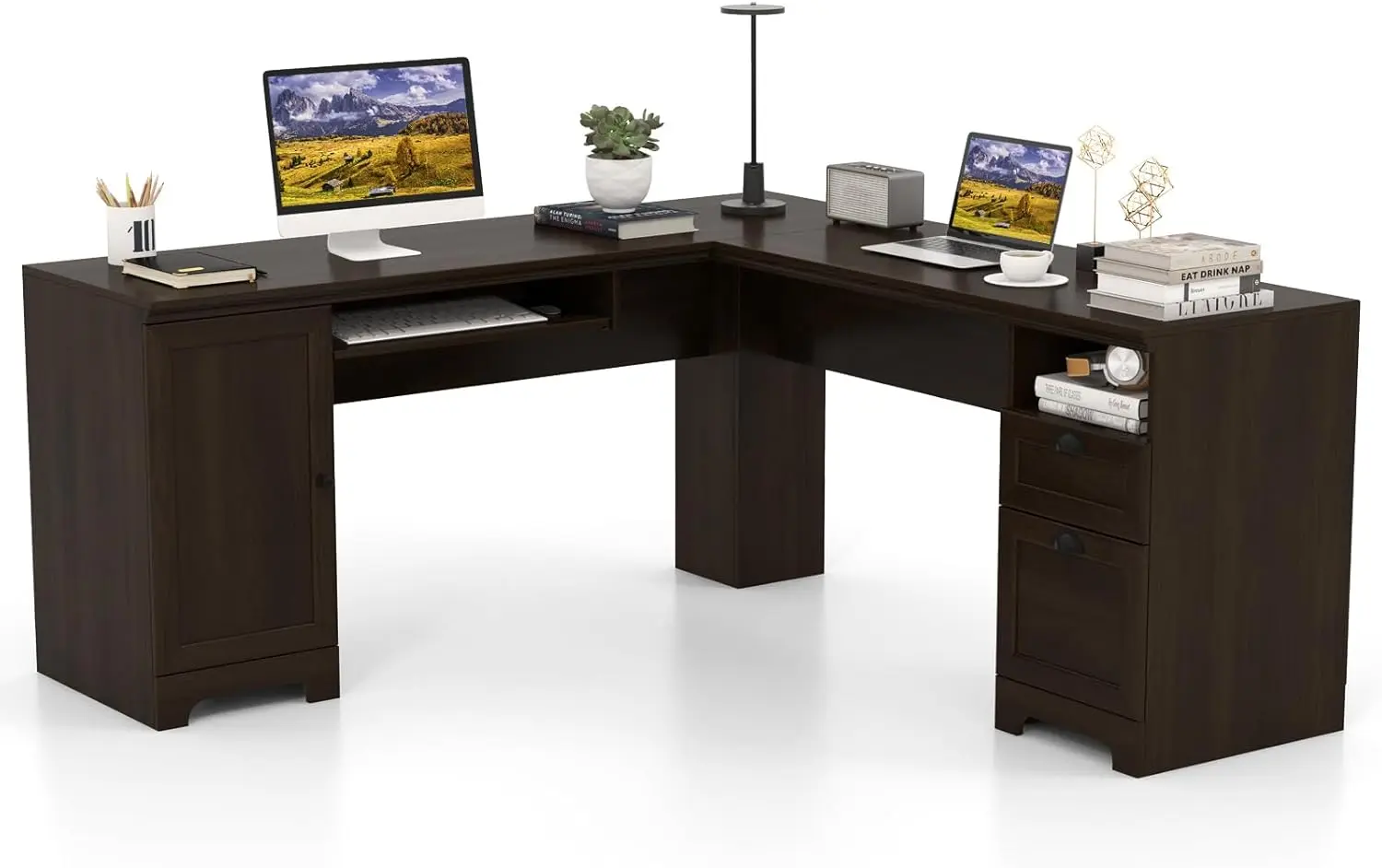 

66" x 66" L-Shaped Office Desk with Keyboard Tray Spacious Corner Computer Desk with Storage Drawers