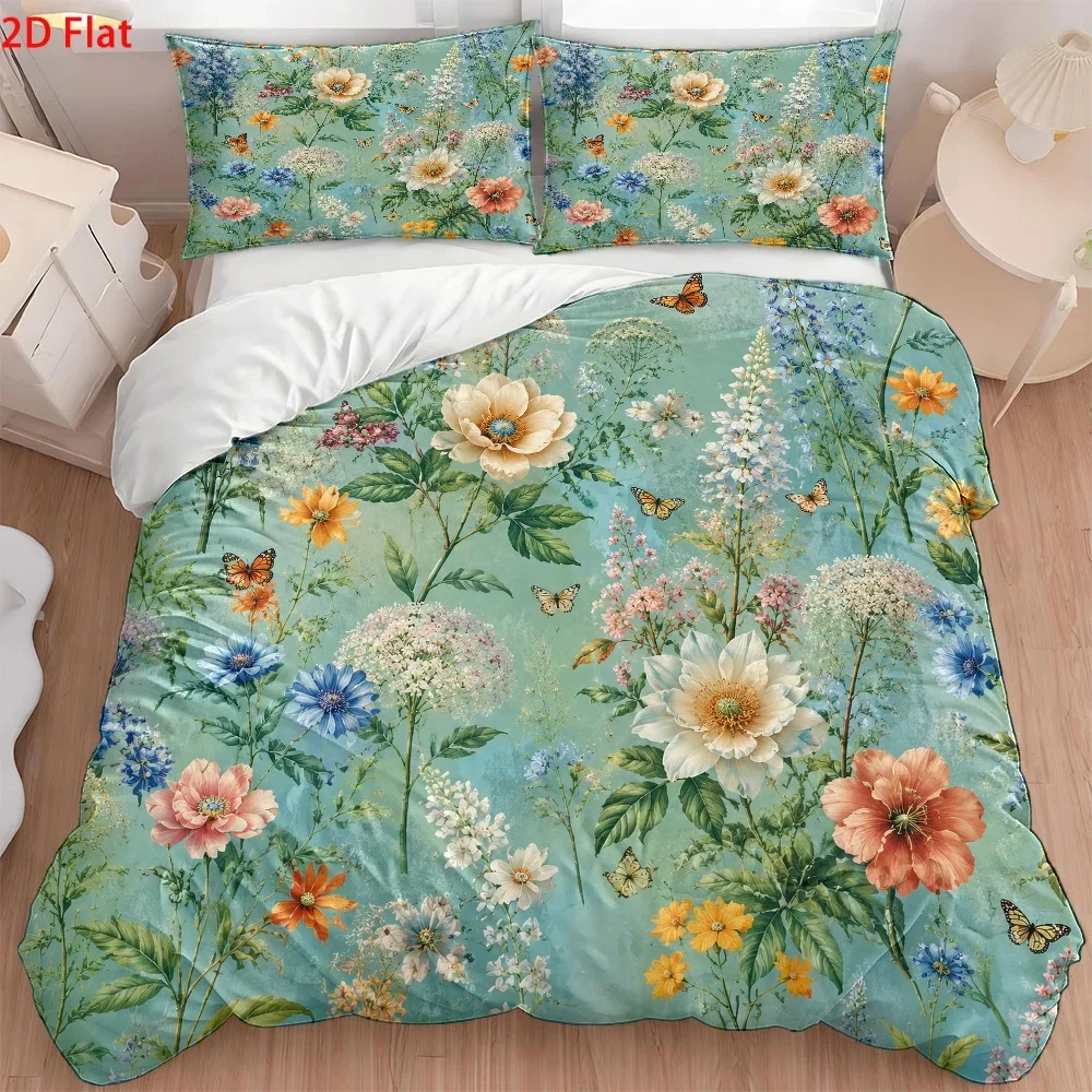 3Pc Vintage Floral Butterfly Print Quilt Cover Set, 1*Quilt Cover + 2*Pillowcases, Skin-Friendly Breathable Polyester Woven Bedding, Soft and Comfortable, Machine Washable, Wrinkle-Resistant Double Bed Set, All-Season Cozy Home Bedroom Decor, Invisible Zipper Quilted Duvet Cover Set, Light Luxury Nordic Style Bedding, Suitable for Home Master Bedroom, Guest Room, Student Dormitory, Easy to Clean and Durable Large Bed Cover Set, Modern Simple Printed Bedding
