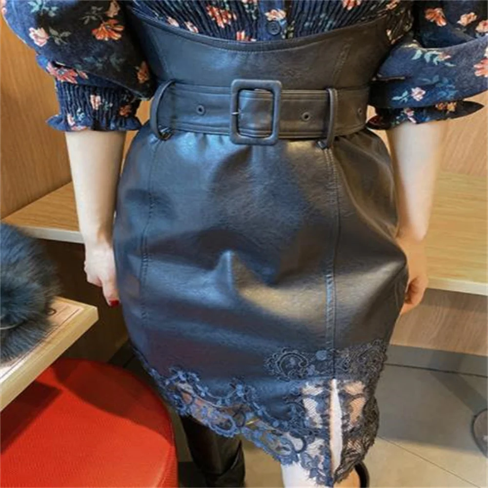 

PU Leather skirt women 2023 new high waist lace stitching long skirt belt