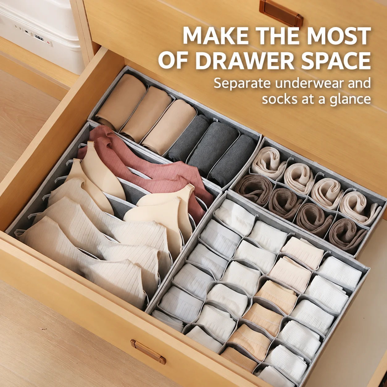 4Pcs Drawer Organizer Set Foldable Nonwoven Fabric Storage Boxes with 6/7/8/24 Compartments for Bras Underwear Socks, Gray