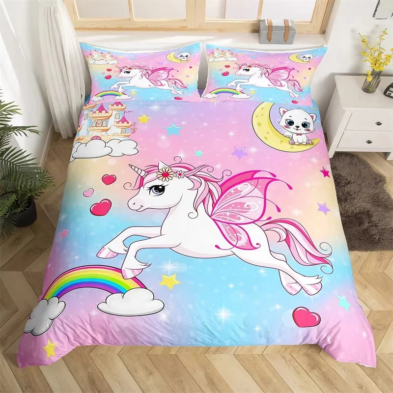 Magical Unicorn Duvet Cover Silver Eyelash Bedding Set Queen Cute Dreamy Horse Comforter Cover Microfiber Flowers Stars Bed Set