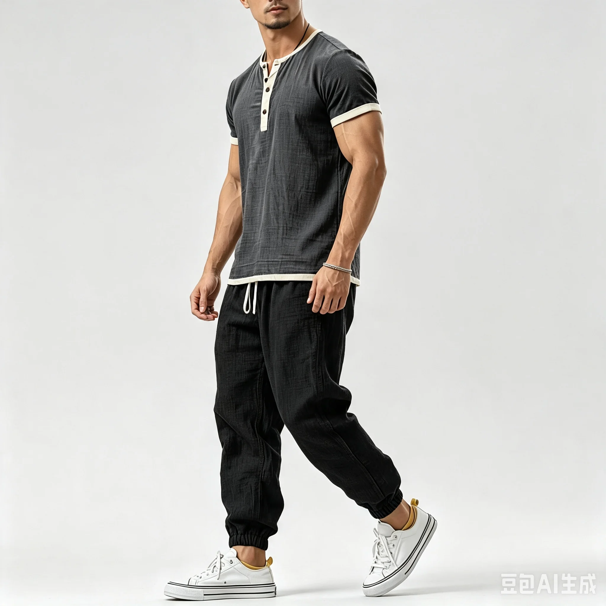 Herren 2-teiliges Freizeitset, einfarbig, Kurzarmhemd mit Knöpfen und lange Hose, Sommer-Outfit, Streetwear-Trainingsanzug – Detail 11