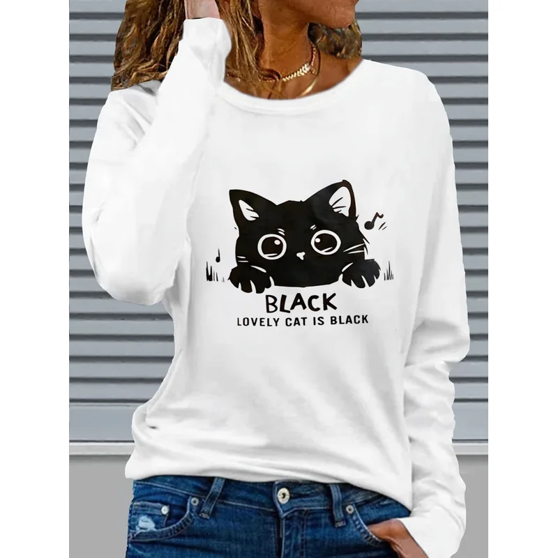Women's Long Sleeve T-Shirt Black Lovely Cat Is Black Peeking Cat Graphic Crew Neck Slim Fit Spring Fall Tops