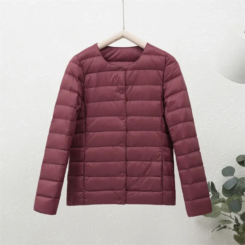 Lightweight White Duck down Jacket Women's round Neck Short Coat Warm Simple Fashion Outerwear Thin Winter Clothes New Style