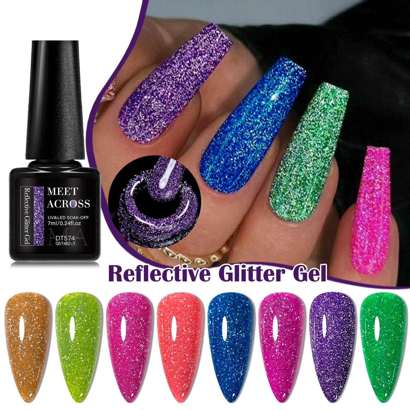 8pcs Reflective Glitter Gel Nail Polish Set Fluorescent Neon Color Flashy Semi Permanent Soak Off UV Gel Varnish Nail Supplies