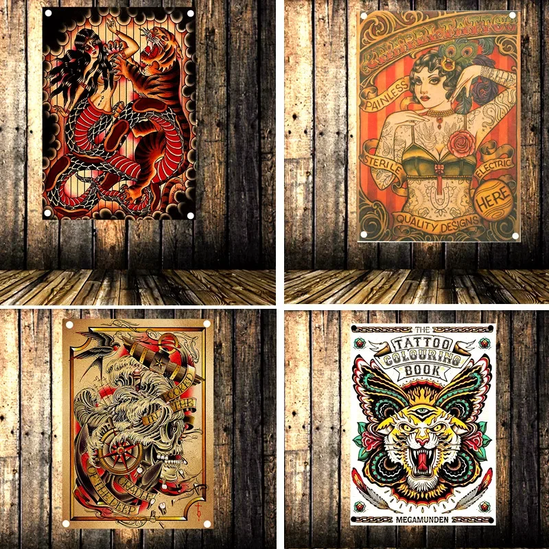 Retro Tattoo Poster Banner Flag Tapestry Wall Stickers Canvas Painting Wall Hanging Cloth Art Bar Cafe Barber Shop Home Decor C1