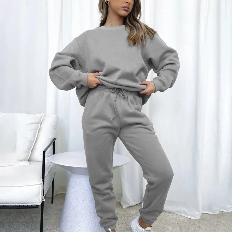 

Women's Hooded Pullover Loose And Fashionable Casual Round Neck Autumn And Winter Solid Color Pullover Pants Two-piece Set