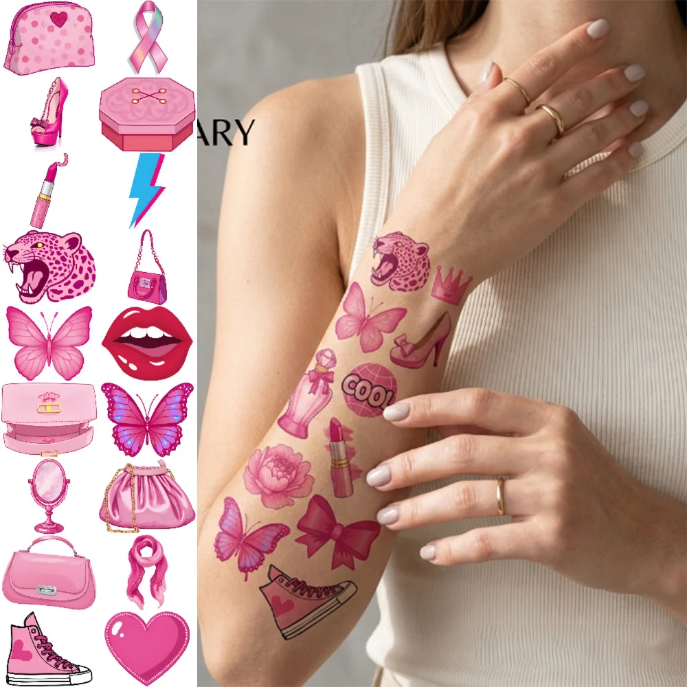 63 PCS Waterproof Temporary Tattoos Pink Aesthetic Fake Tattoo Stickers for Birthday Party Favors Girls Women Body Art