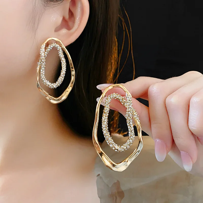 Oval Inlaid Rhinestone Earrings for Women European and American Design Sense Stud Earrings High Sense Light Luxury Jewelry