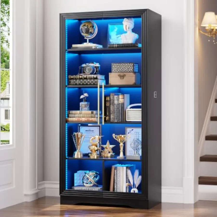 Bookcase with Glass Doors and LED Light for Home Office: MDF Wood in White with Adjustable Shelves and Soft-Close Mechanism