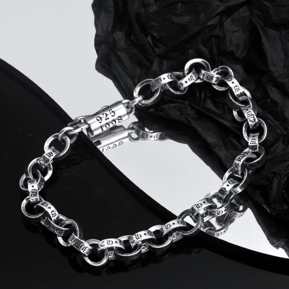 925 Sterling Silver Logo Bracelet Biker Punk Rock Chain Chrome Retro style Jewelry for Men 5mm Width Charm Bracelets