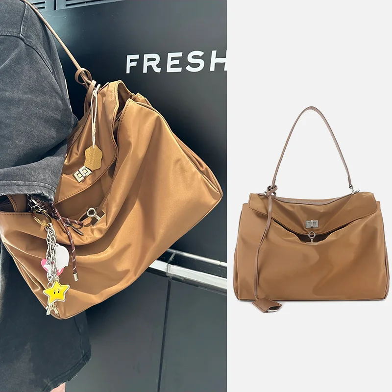 2024 New Nylon Waterproof Fabric Spliced Cowhide Underarm Bag Handheld Tote Bag Large Capacity Commuter Single Shoulder Diagonal