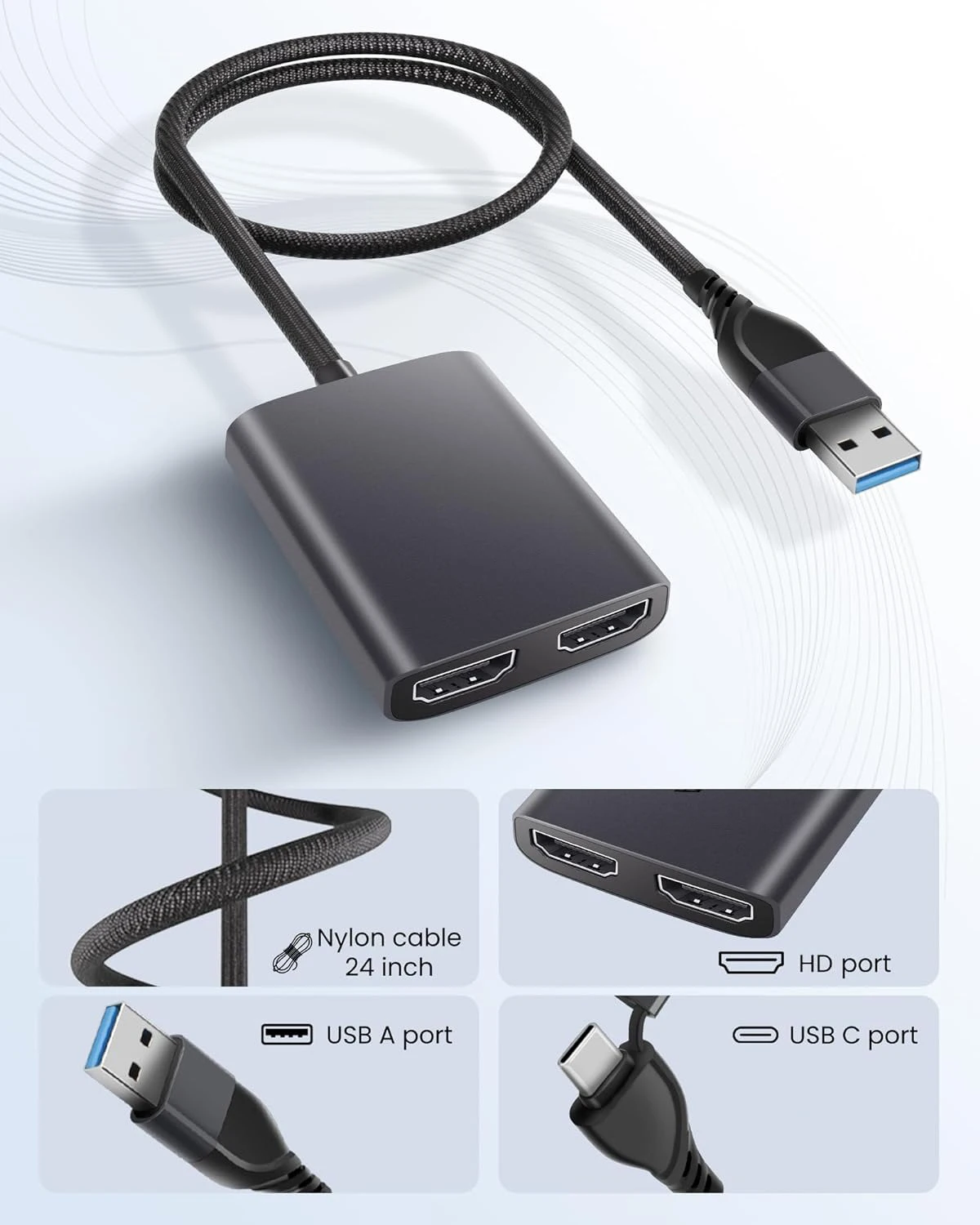 Adaptador USB C/USB A 3,0 A Dual 1080P HD, compatible con ABB ABC, pantalla diferente, MST Hub para M1, M2, OS10.15, Windows 10, ordenador portátil y PC