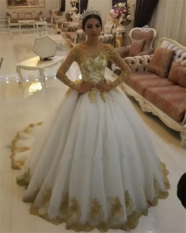 

Customized Modern Scoop Neckline Gold Lace Appliques Wedding Dresses With Long Sleeves Sweep Beaded Formal Bridal Gowns