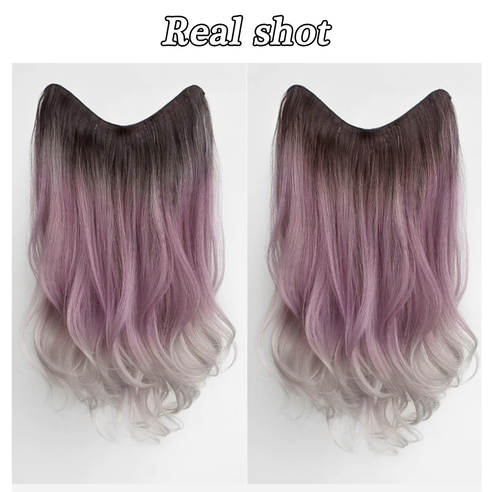 LM Synthetic Long Wave V-shaped Purple GreyHair Extension Half Wig Heat Resistant Straight Fake Hair Hairpiece for Women