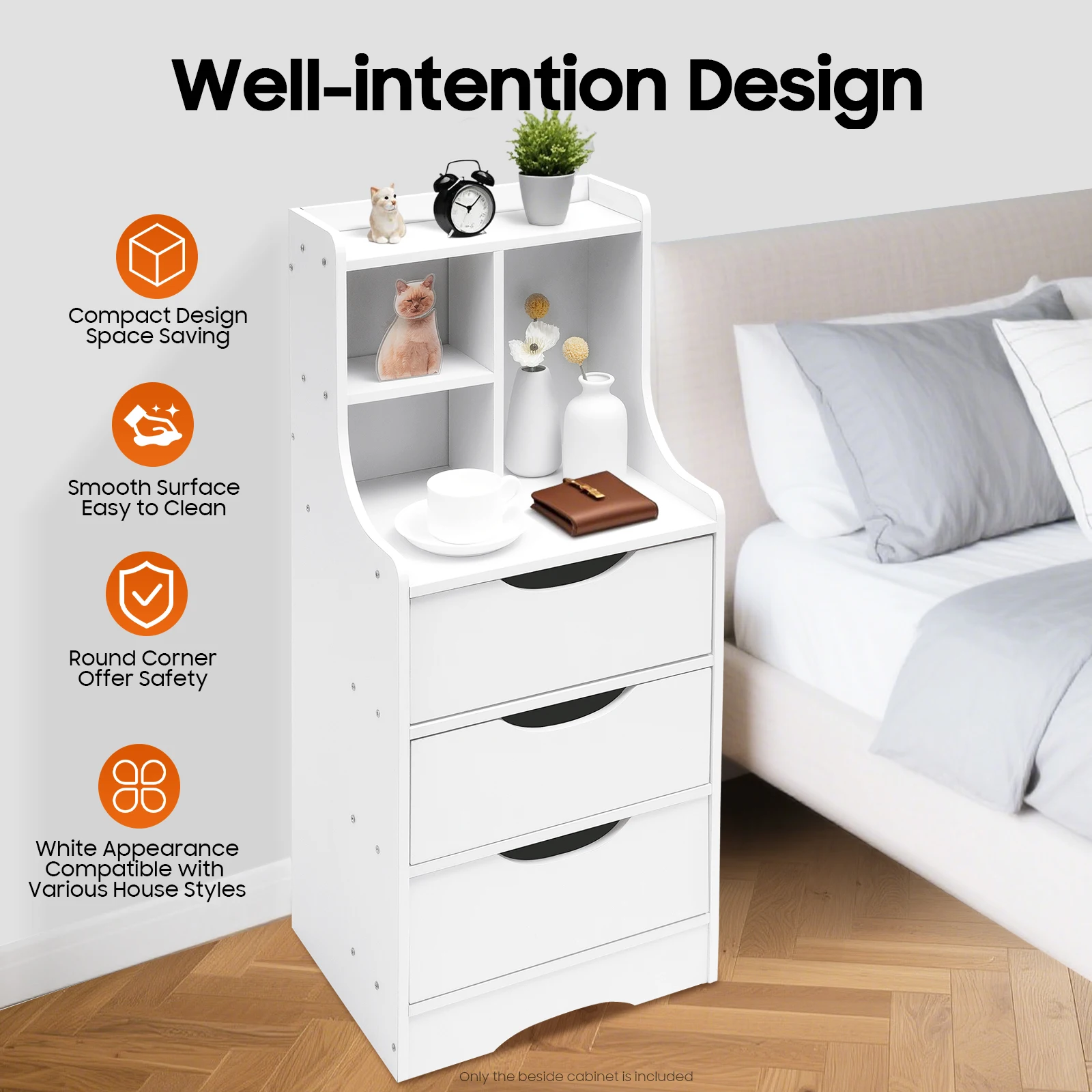 

Vertical Bedside Cabinet Bedroom Large Capacity Storage White Table Drawer Things Organizer for Storing Lamps, Mugs, Watches